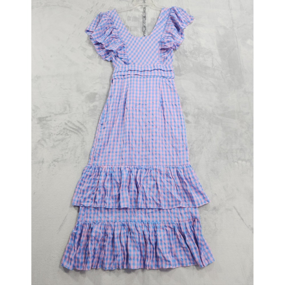NEW Entro Dress Womens S Blue Pink Gingham Ruffle Tiered Maxi Flutter Sleeve